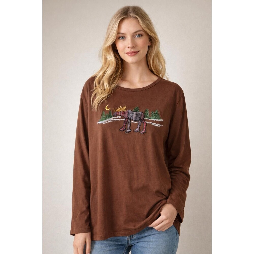 Madal Bay XL Brown Moose Embroidered Long Sleeve Shirt Womens Top